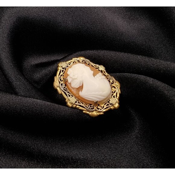 Antique Vintage Shell Cameo Brooch Portrait Elegant Victorian Style Jewelry - Picture 3 of 6